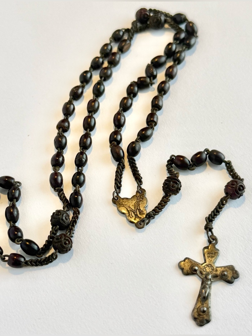 ANTIQUE 19TH C ROSEWOOD ROSARY MARIAN “M” CRUCIFIX CARVED ROSE PATER c1880s